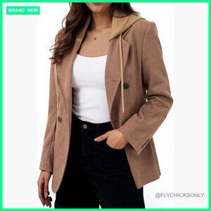 Hooded Blazer Jacket Double-Breasted Oversized Wool Blend Casual Work Office